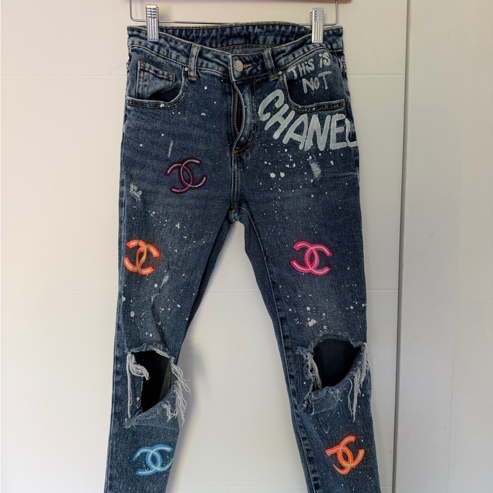 Embroidered Distressed Jeans with Colorful Accents